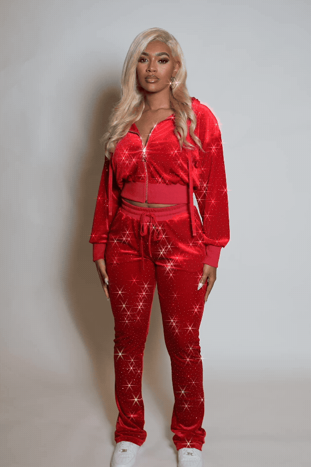 Khalilah Red Rhinestone Velour Stacked Trackset