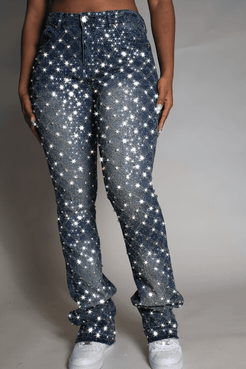 Sareka Dark Wash Rhinestone Stacked Flare Jean