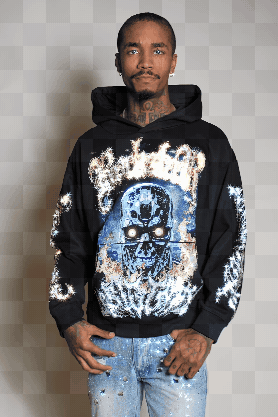 Mesin Black Rhinestone Oversized Hoodie