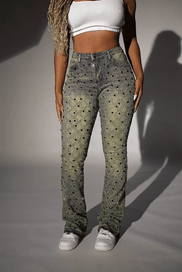 Sareka Tinted Dark Wash Rhinestone Stacked Flare Jean