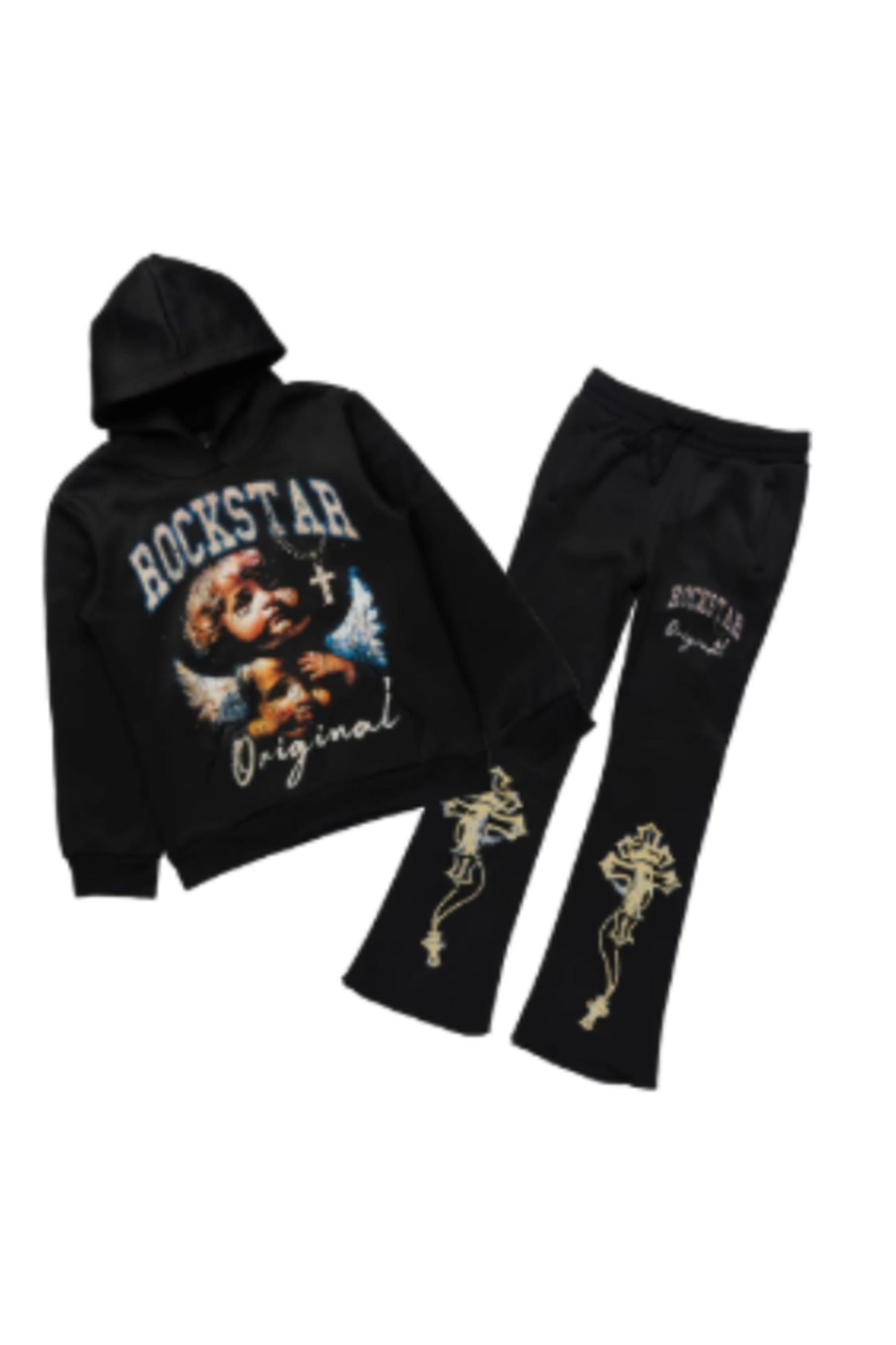 Girls Jovala Black Hoodie/Stacked Flare Track Set