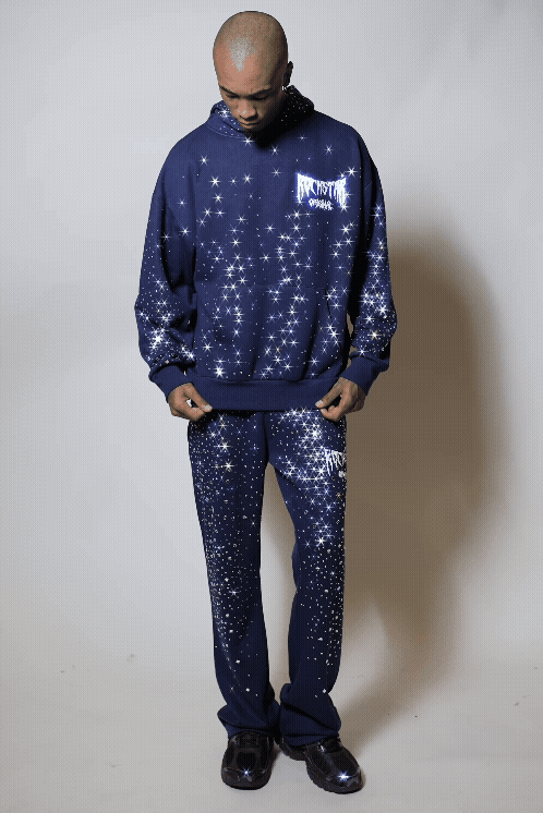 Twinkle Navy/White Rhinestone Hoodie Relaxed Track Set