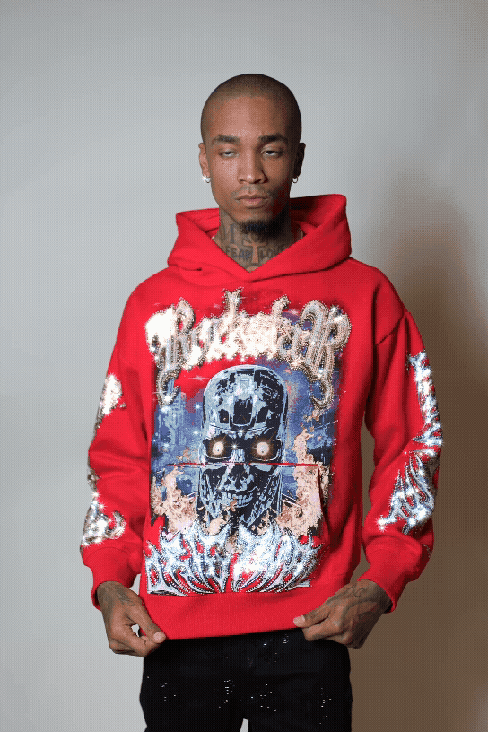 Mesin Red Rhinestone Oversized Hoodie
