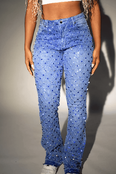 Sareka Royal Blue Rhinestone Stacked Flare Jean