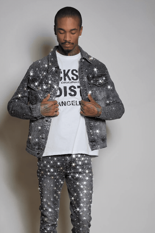 Glit Dark Grey Rhinestone Denim Jacket/Stacked Flare Jean Set