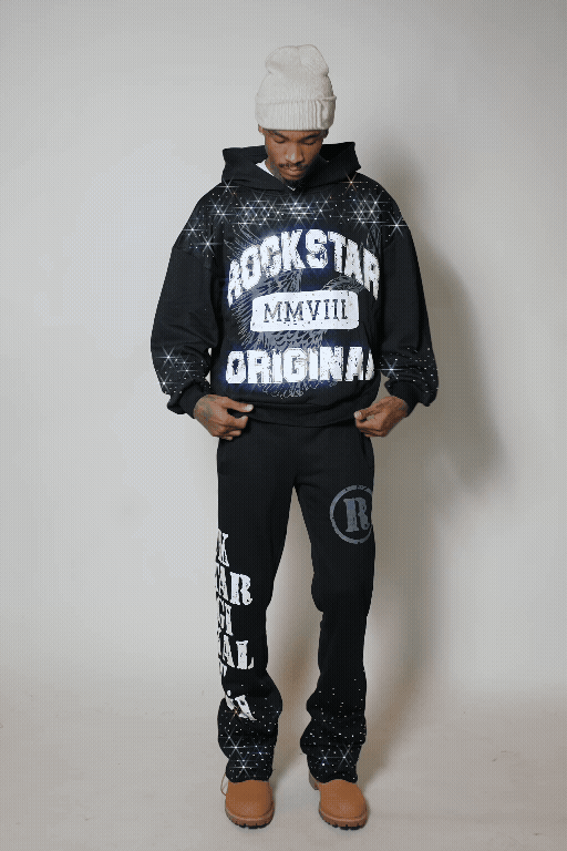 Borya Black Rhinestone Hoodie/Stacked Pant Track Set