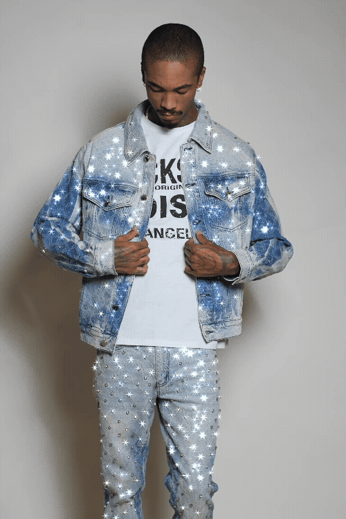 Glit Dark Blue Rhinestone Denim Jacket/Stacked Flare Jean Set