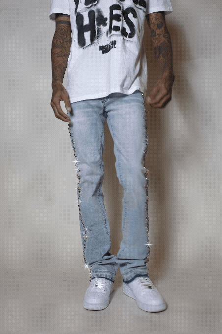 Ozi Rhinestone Light Blue Stacked Flare Jean