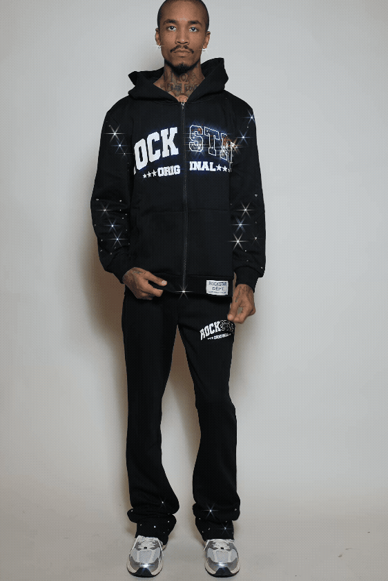 Otik Black Rhinestone Hoodie Baggy Fit Pant Track Set