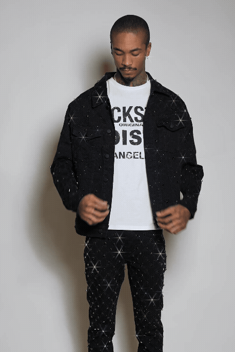 Glit Jet Black Rhinestone Denim Jacket/Stacked Flare Jean Set