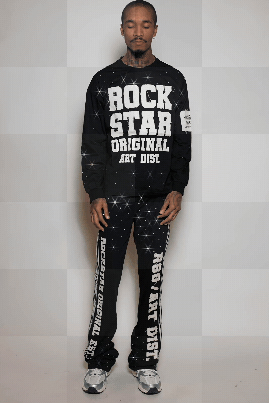 Yulian Black Rhinestone Long Sleeve T-Shirt/Baggy Stacked Track Set