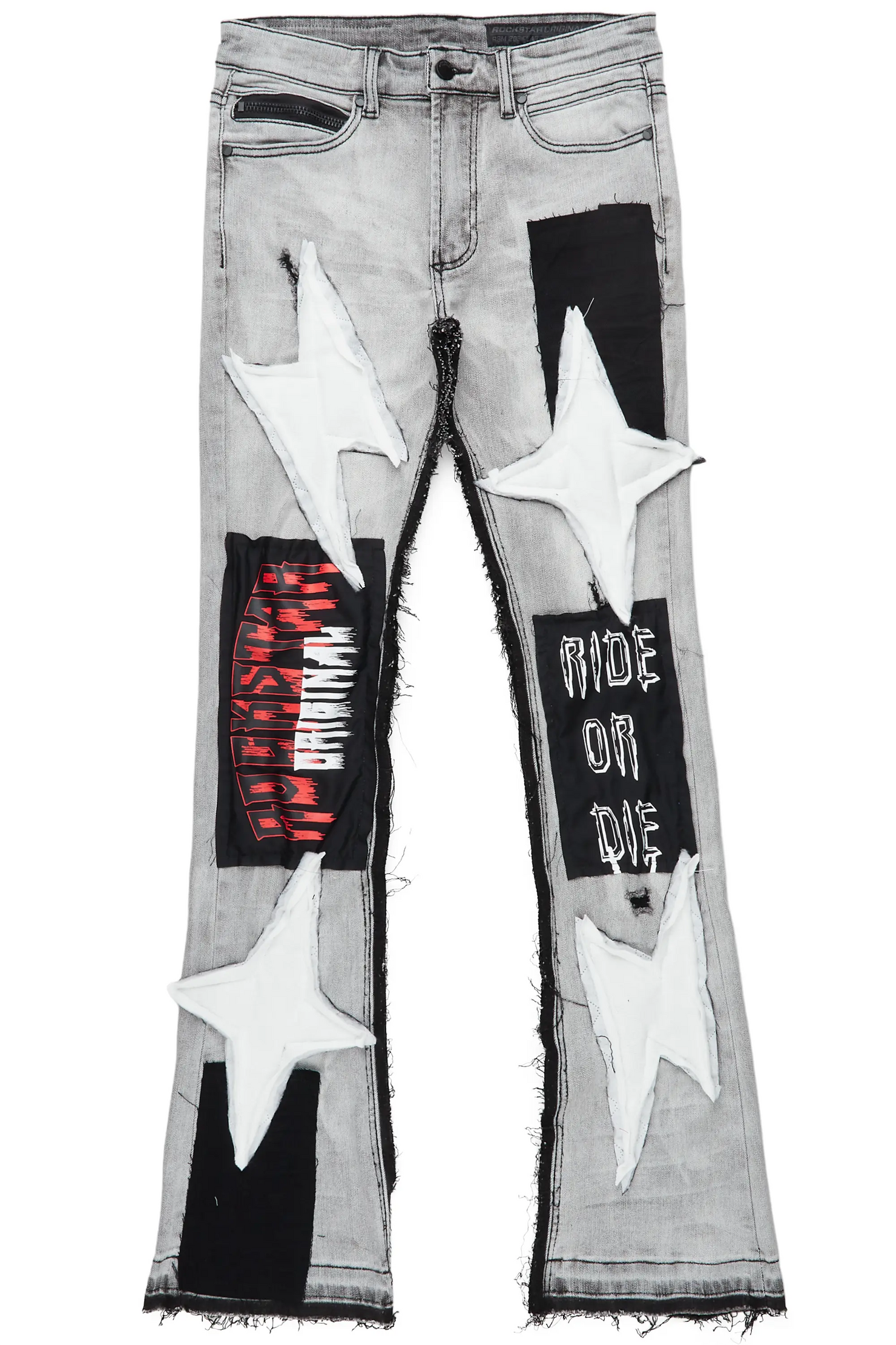 Rhys Light Grey Patchwork Stacked Flare Jean