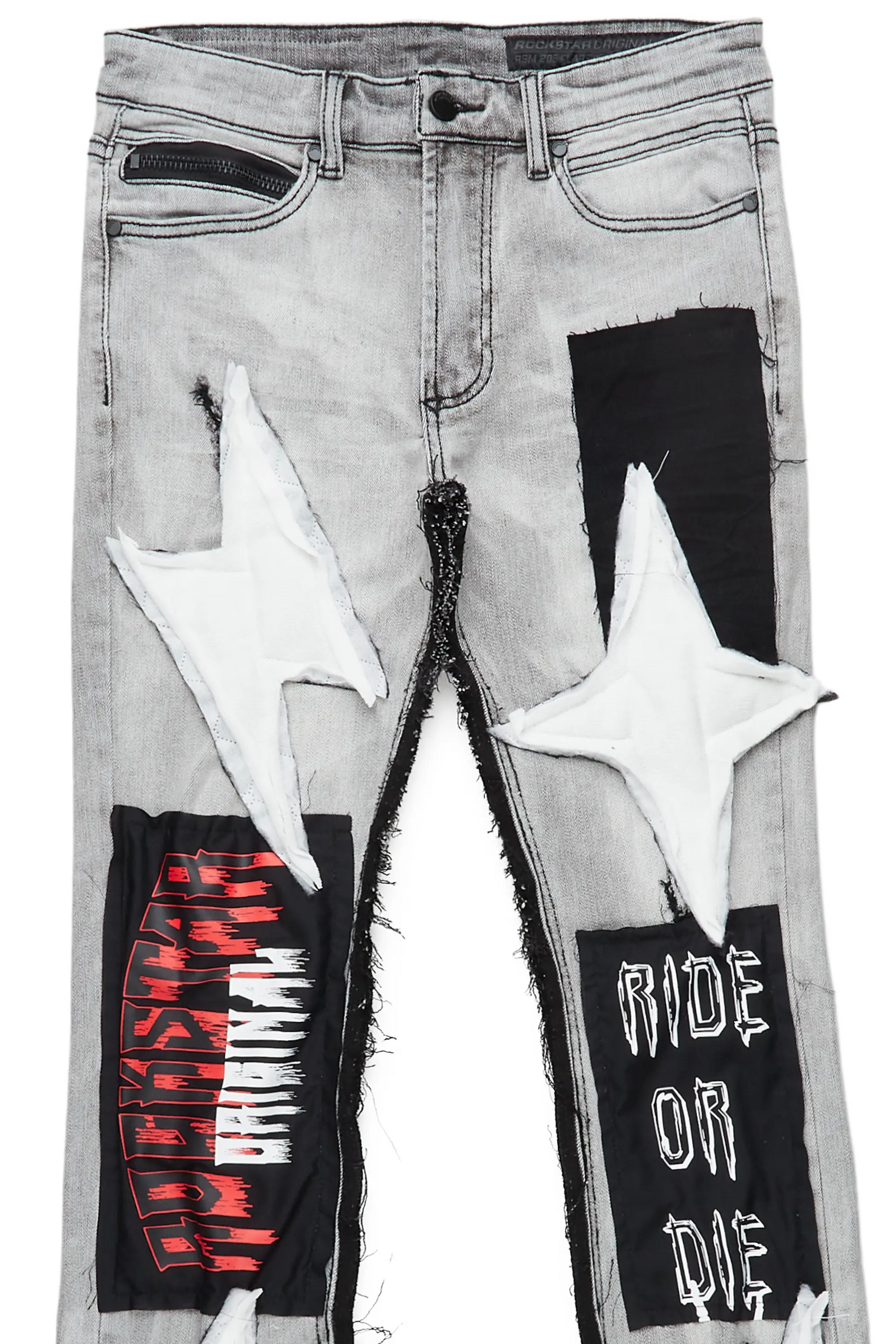 Rhys Light Grey Patchwork Stacked Flare Jean