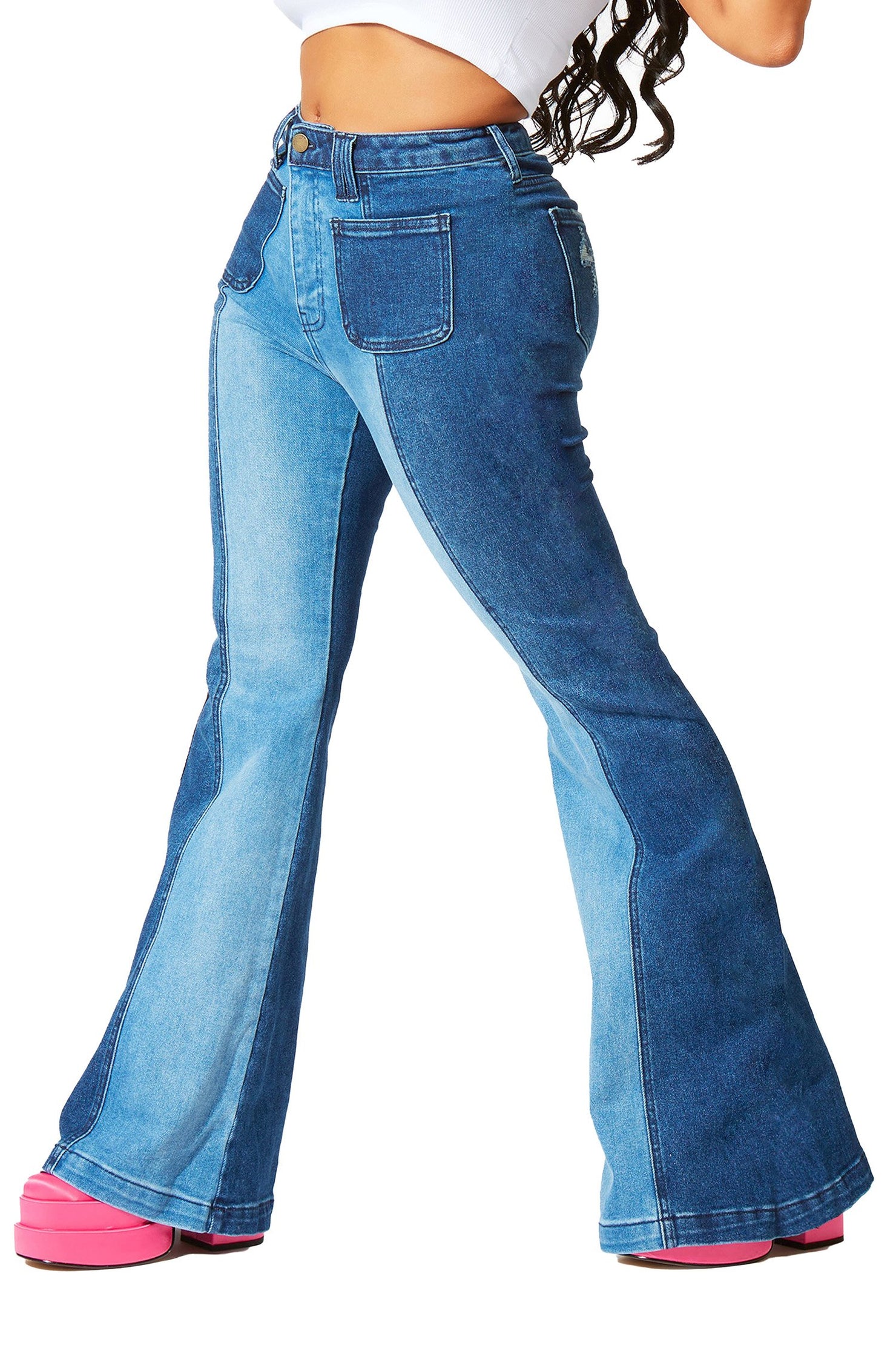 Rockstar Original Alyse Dark Wash Two Tone High Rise Flare Jean AMAZON