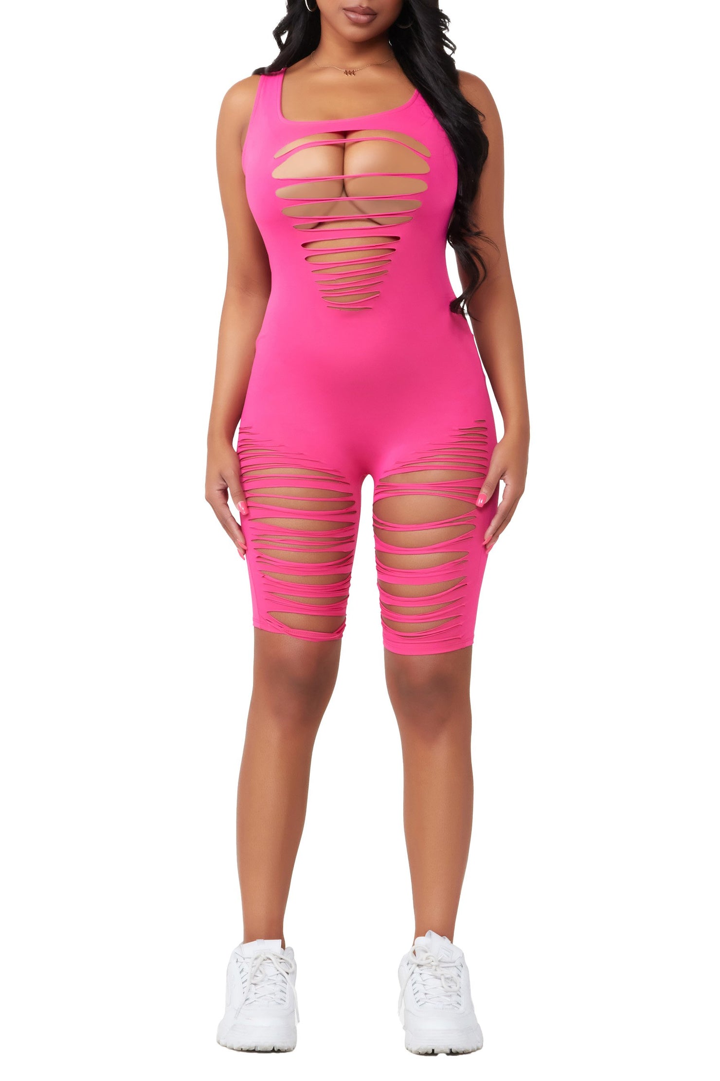 Rockstar Original Cut My Heart Into Pieces Fuchsia Slashed Romper AMAZON