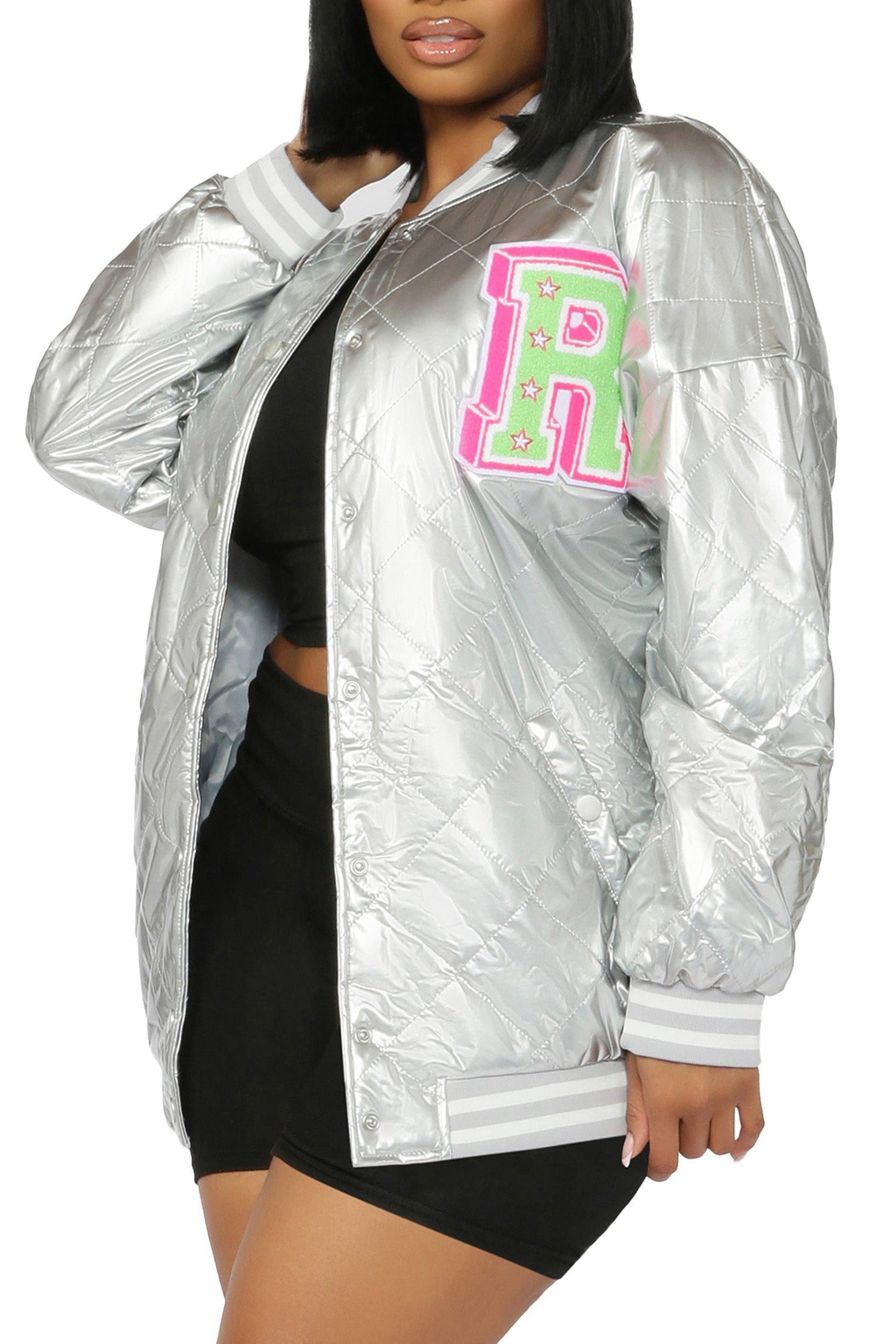 Rockstar Original Eliana Silver Oversized Varsity Jacket AMAZON