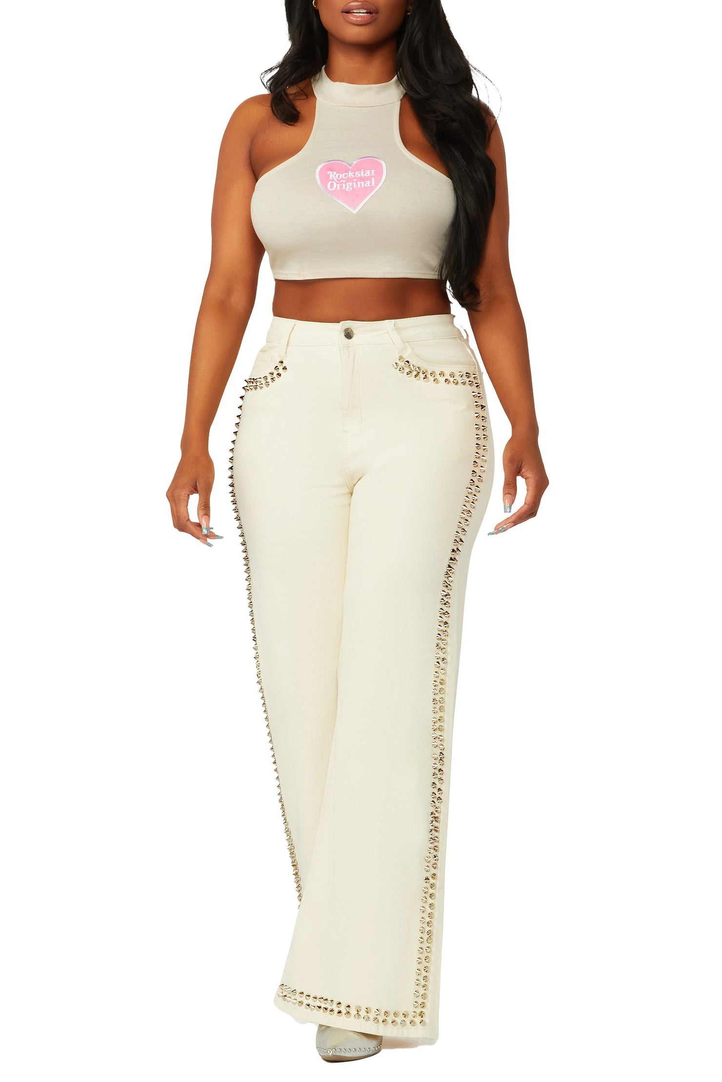 Rockstar Original Leila Beige Studded Wide Leg Jean AMAZON