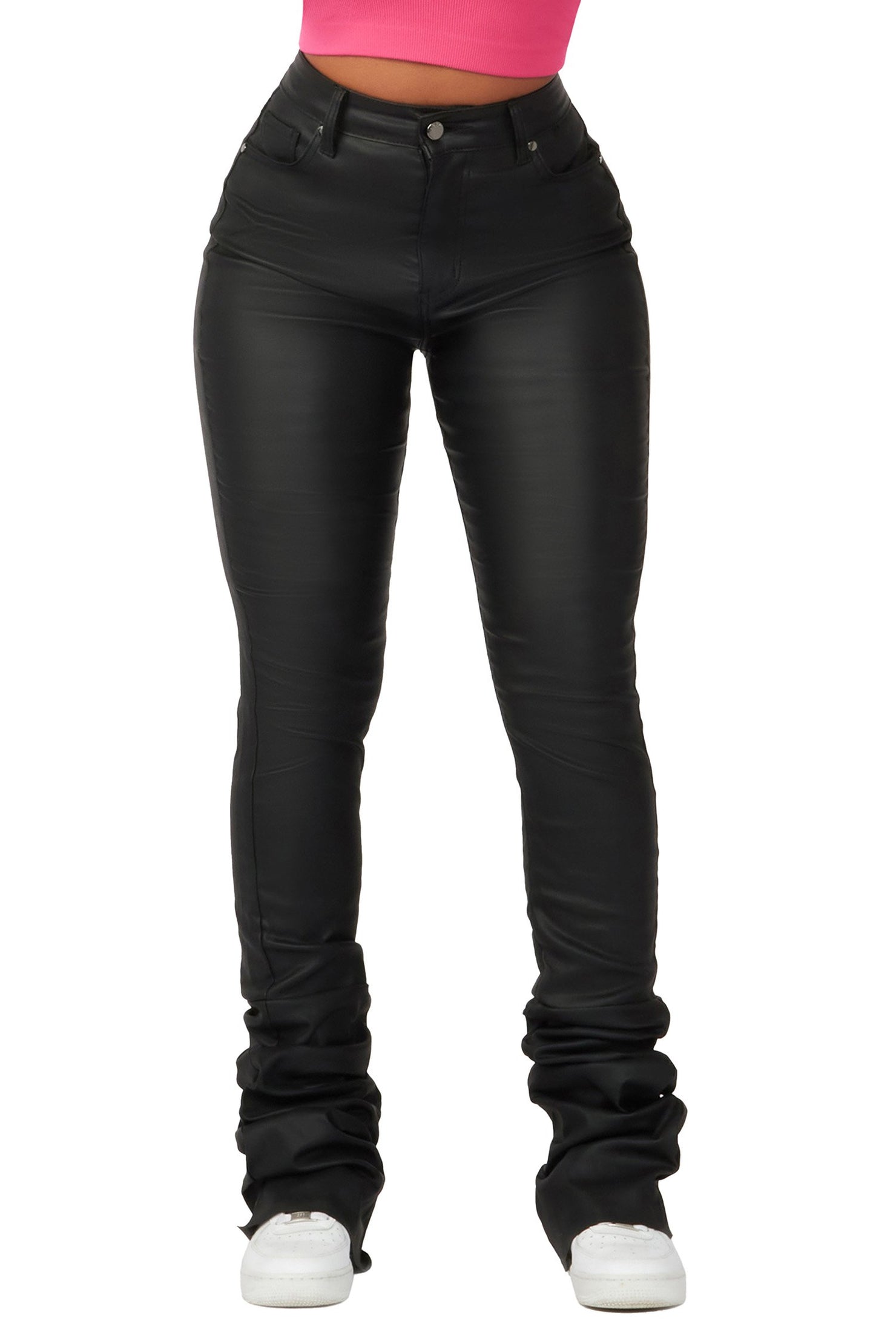 Rockstar Original Pay Attention Black PU Super Stacked Flare Pant AMAZON