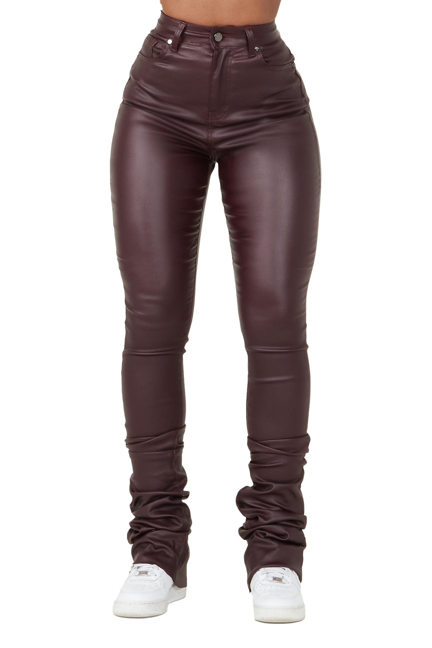 Rockstar Original Pay Attention Wine PU Super Stacked Flare Pant AMAZON