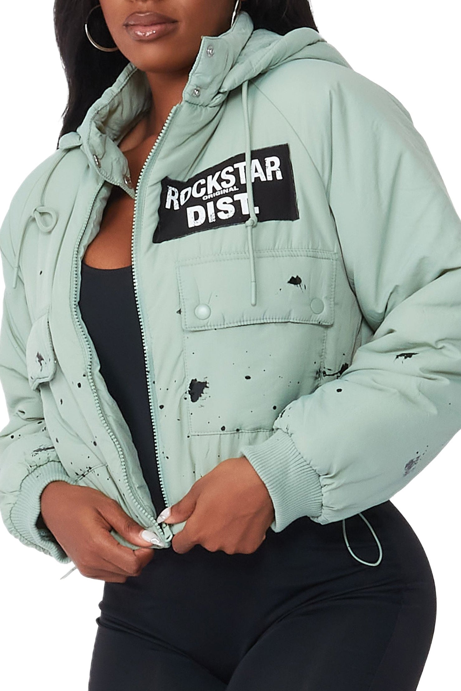 Rockstar Original Zayla Sage Green Art Dist. Puffer Jacket AMAZON