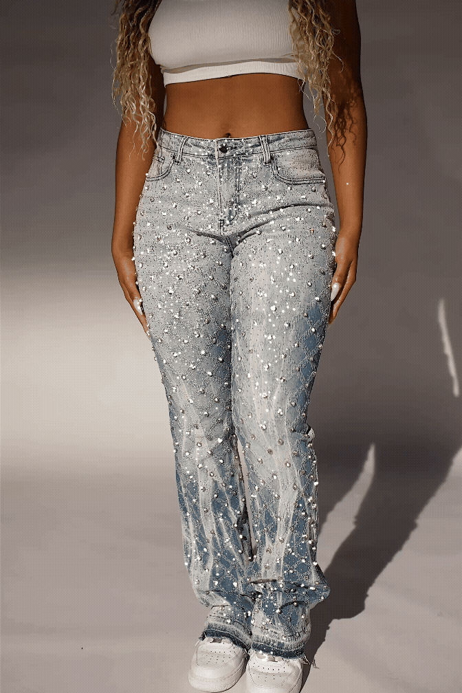 Sareka Light Wash Rhinestone Stacked Flare Jean