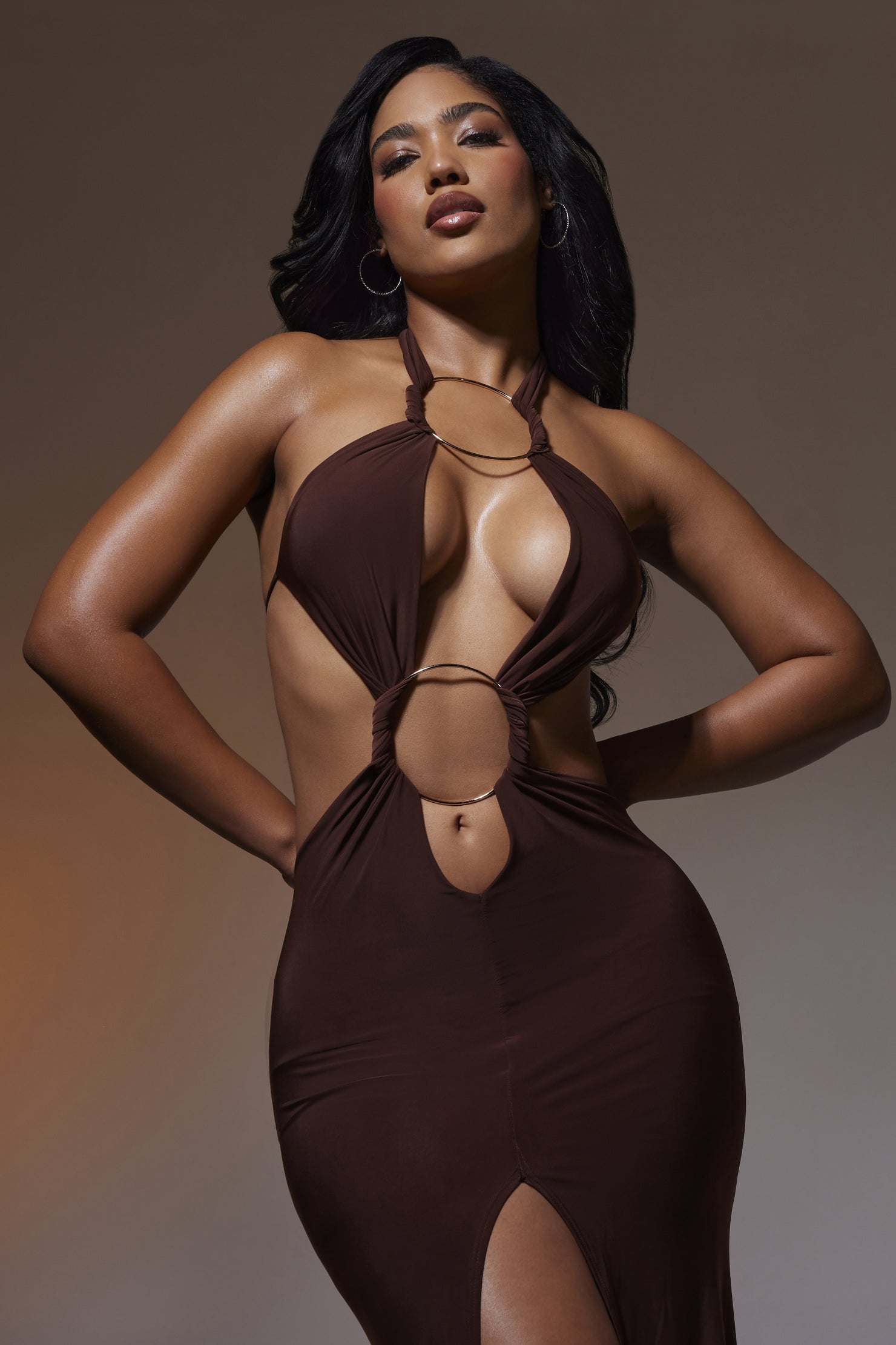 Two-Ring Chocolate Maxi Cut-Out Dress