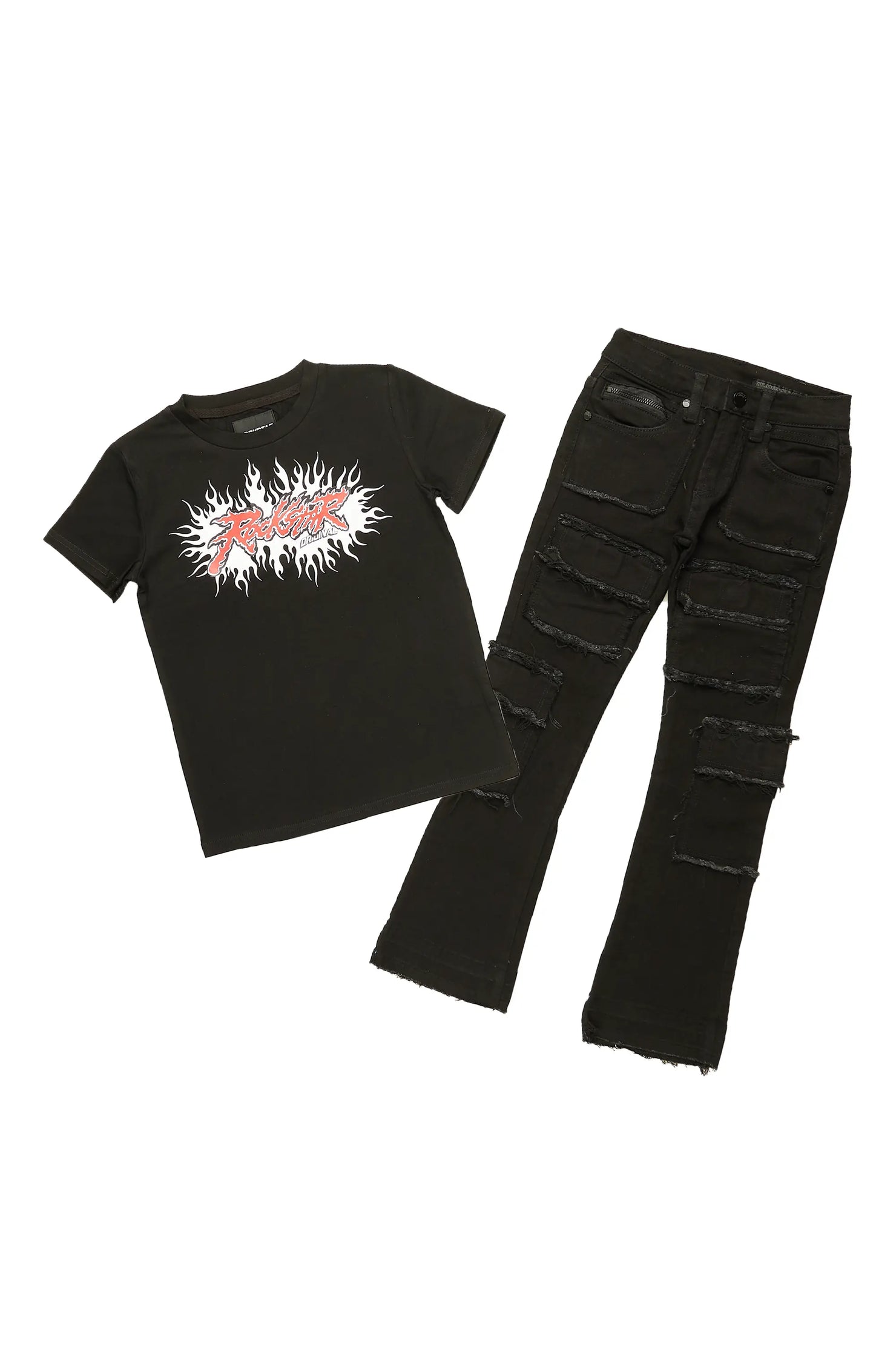 Boys Spencer Black T-Shirt/Stacked Flare Jean Set