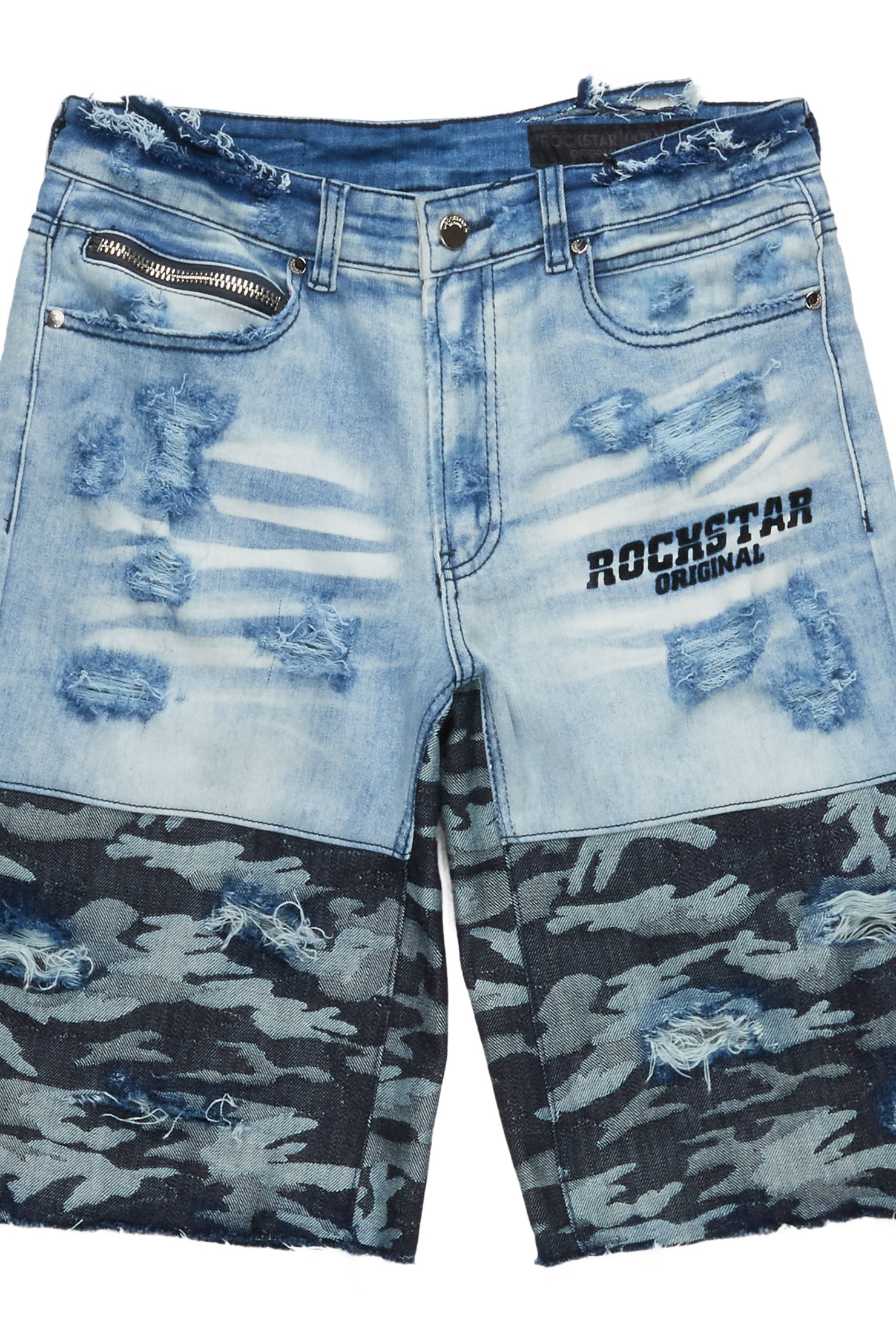 Santigo Blue/Grey Camo Camo Patchwork Denim Short