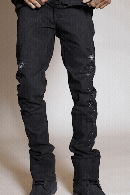 Shamaz Rhinestone Black Stacked Flare Jean
