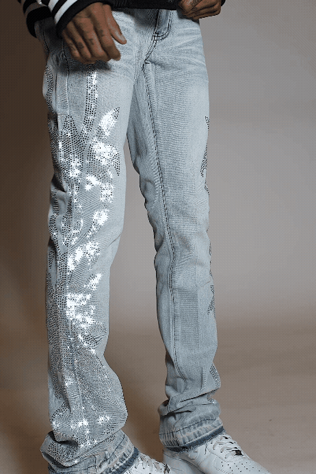 Shamaz Rhinestone Light Blue Stacked Flare Jean