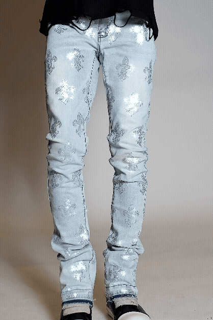 Shyne Light Blue Rhinestone Stacked Flare Jean