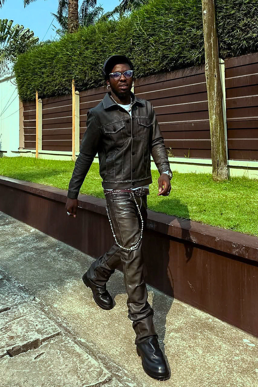 Deco Black Distressed PU Stacked Flare Jean