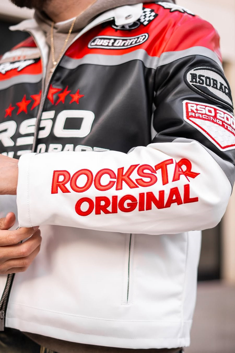 Balint Red/White Leather Moto Jacket