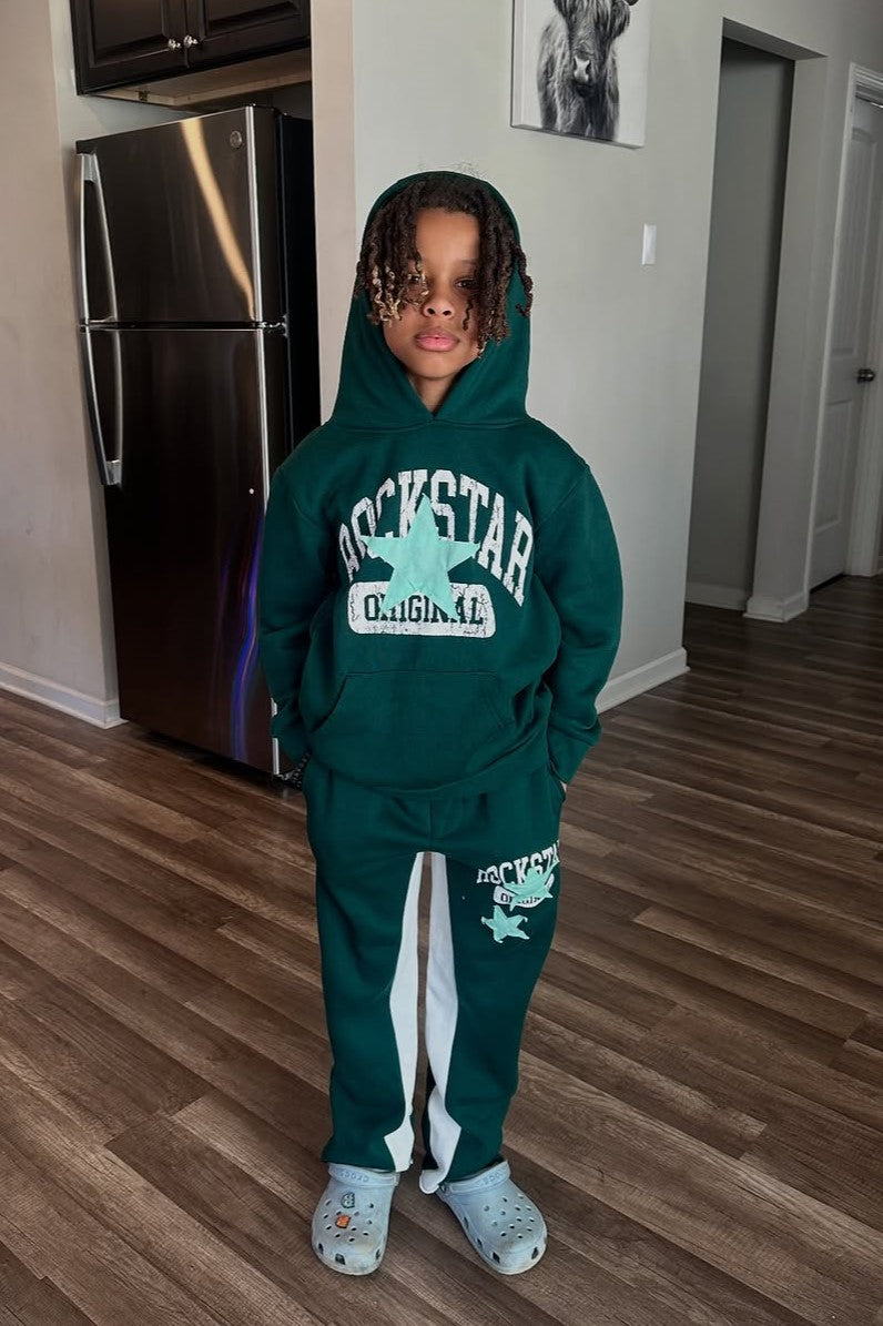 Boys Mallor Dark Green Baggy Stacked Hoodie Track Set