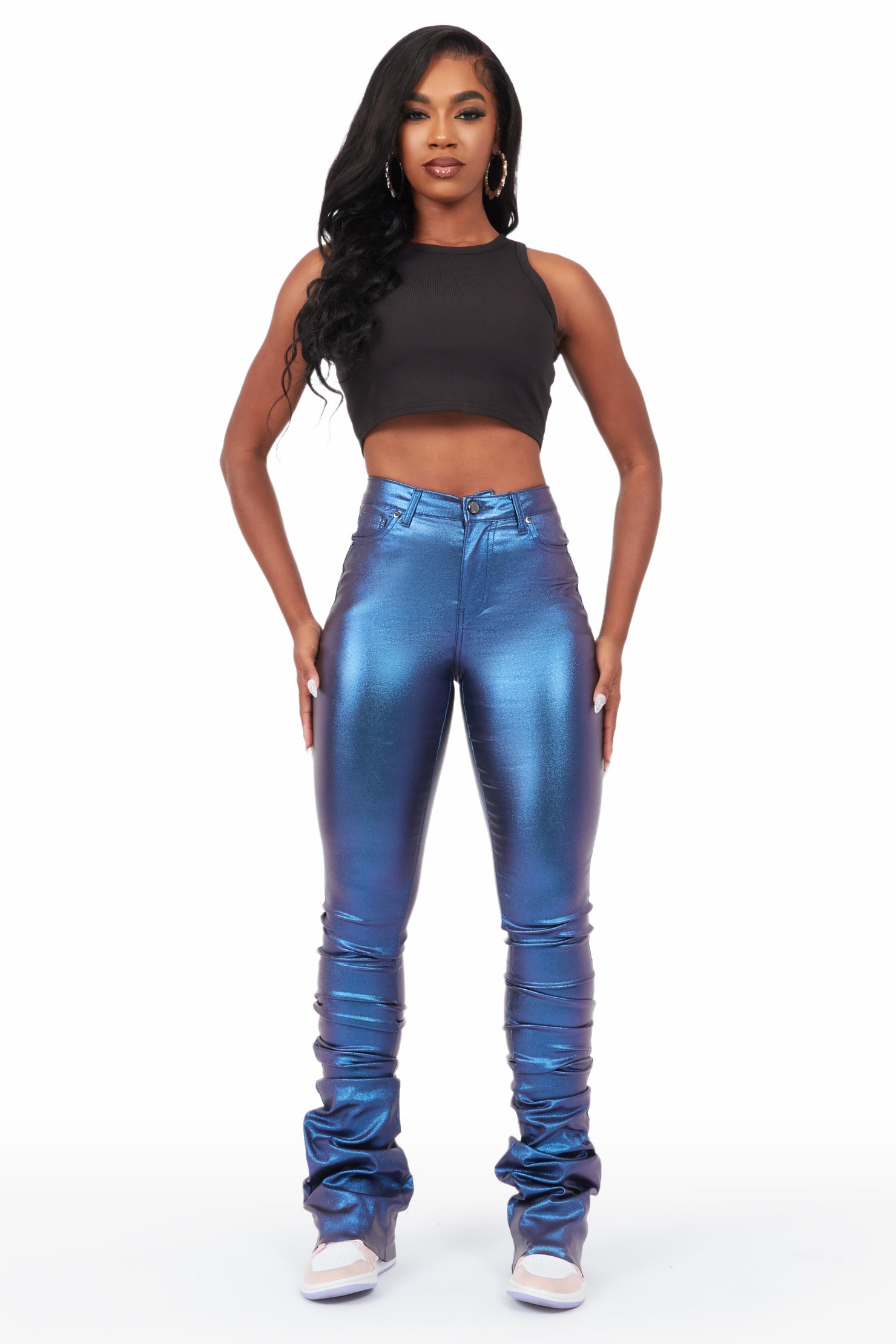 The Drama Metallic Blue PU Super Stacked Pant