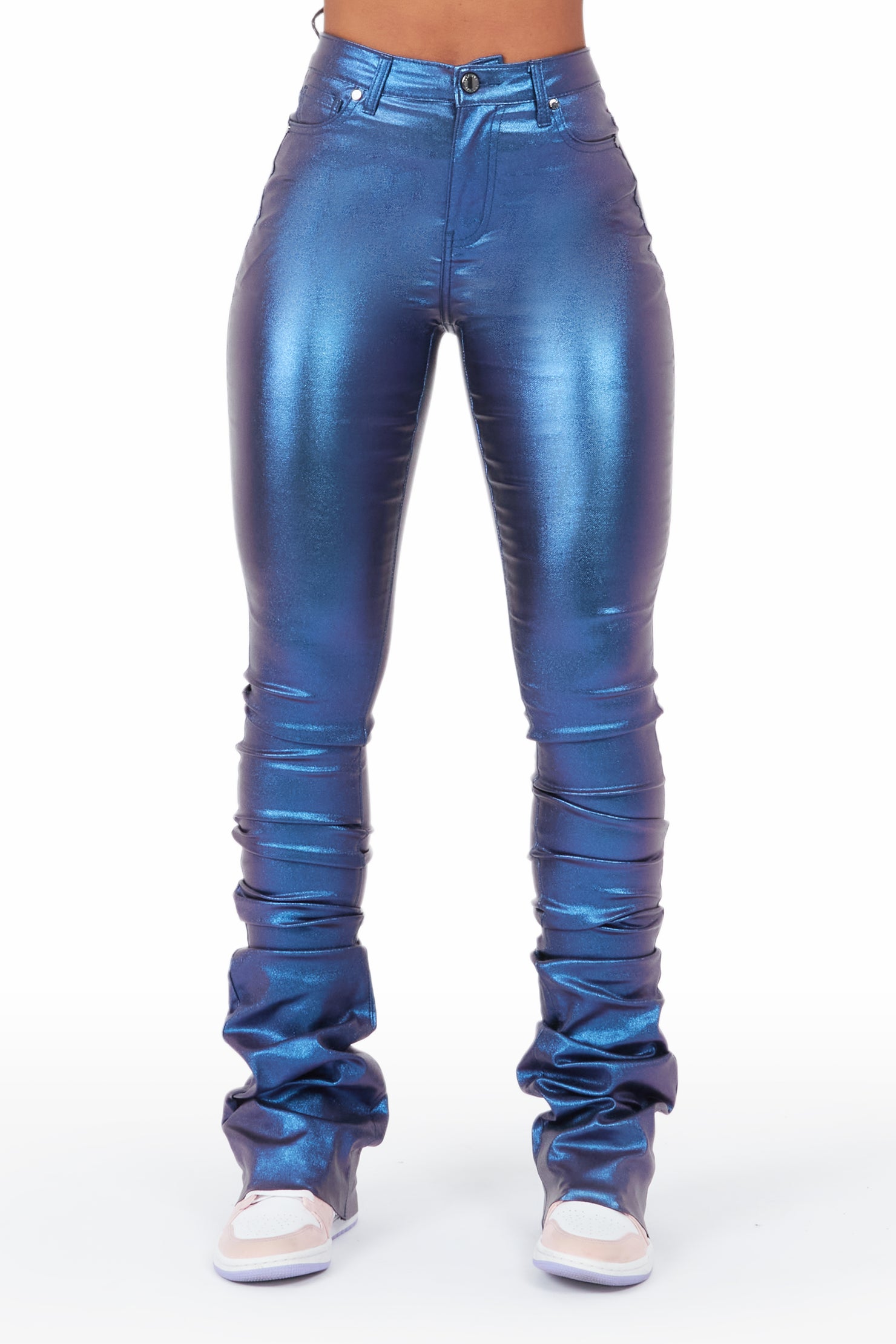 The Drama Metallic Blue PU Super Stacked Pant