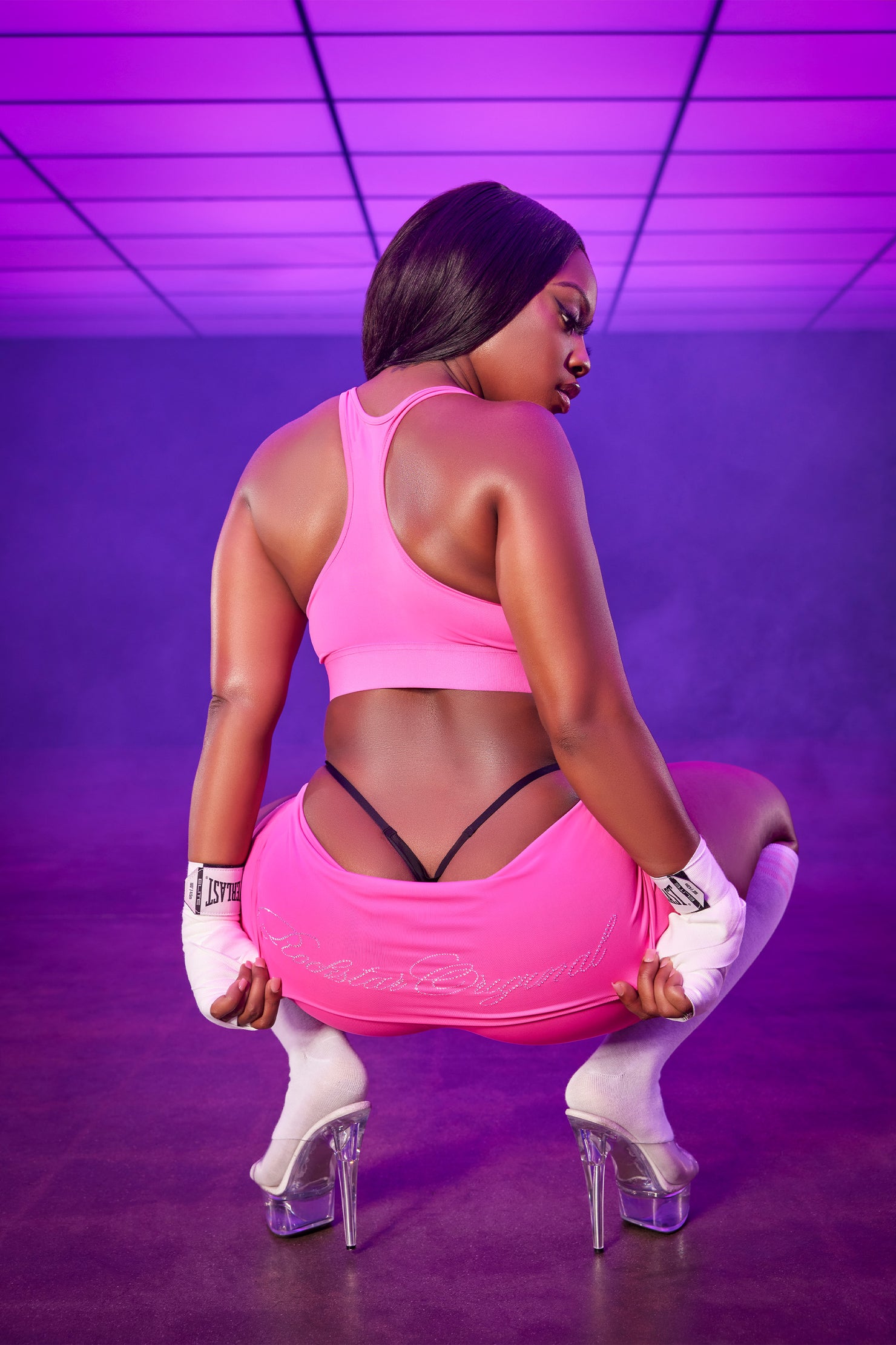 Arieona Hot Pink Rhinestone Sports Bra Foldover Short Set