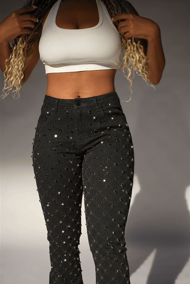 Sareka Black Rhinestone Stacked Flare Jean