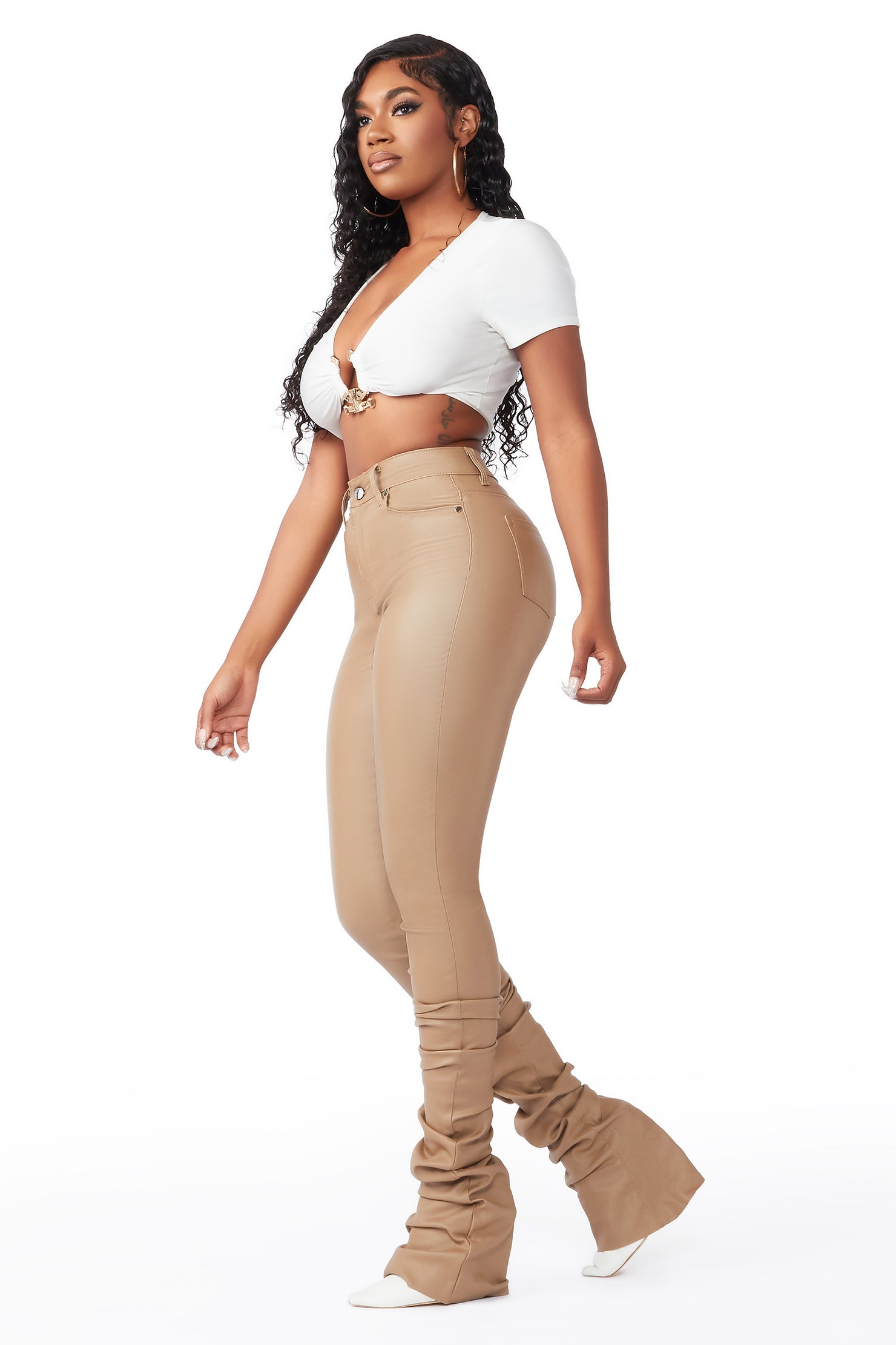 She's A Star Khaki PU Super Stacked Pant