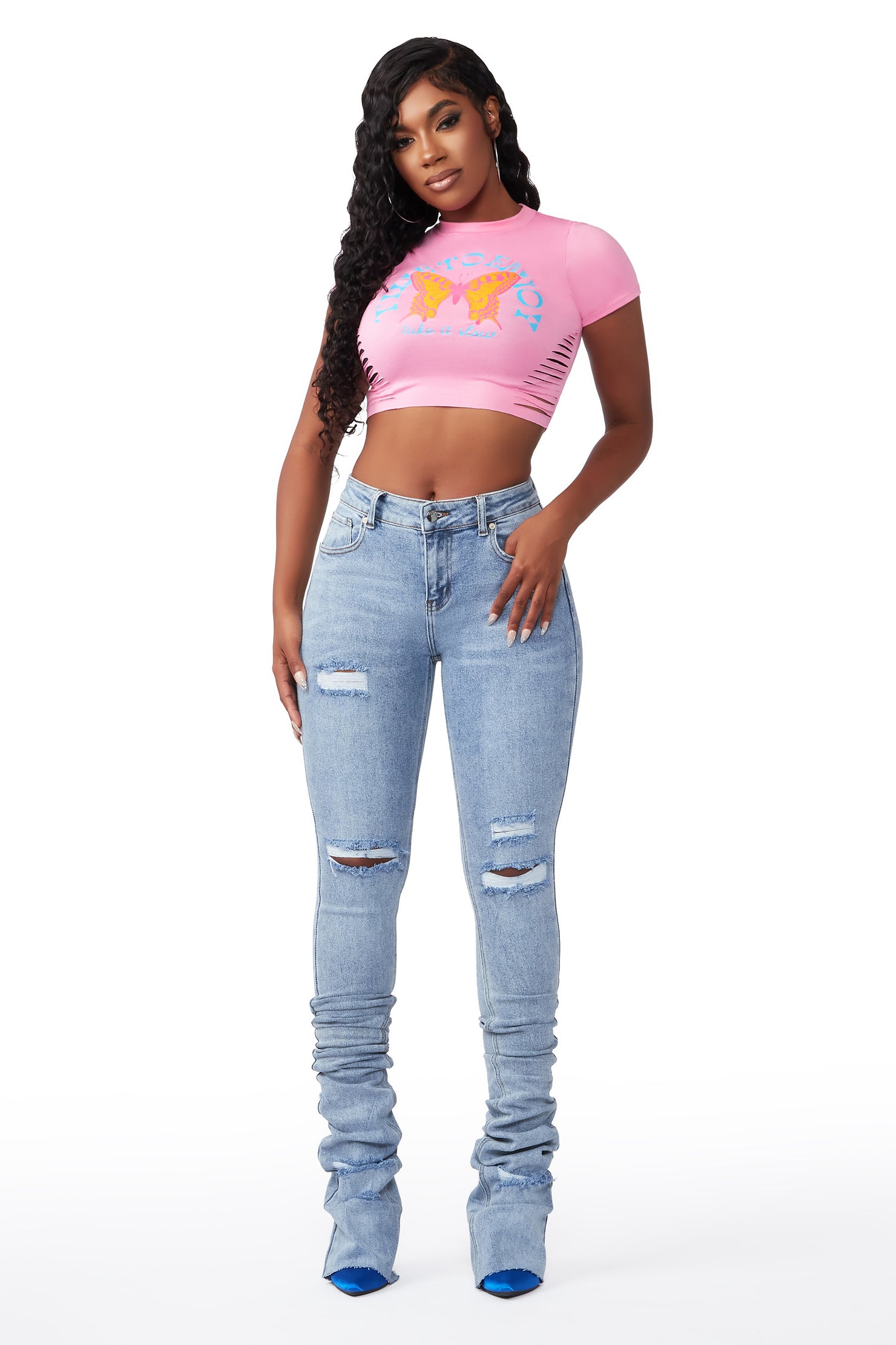 Playing Games Light Wash Distressed Super Stacked Jean