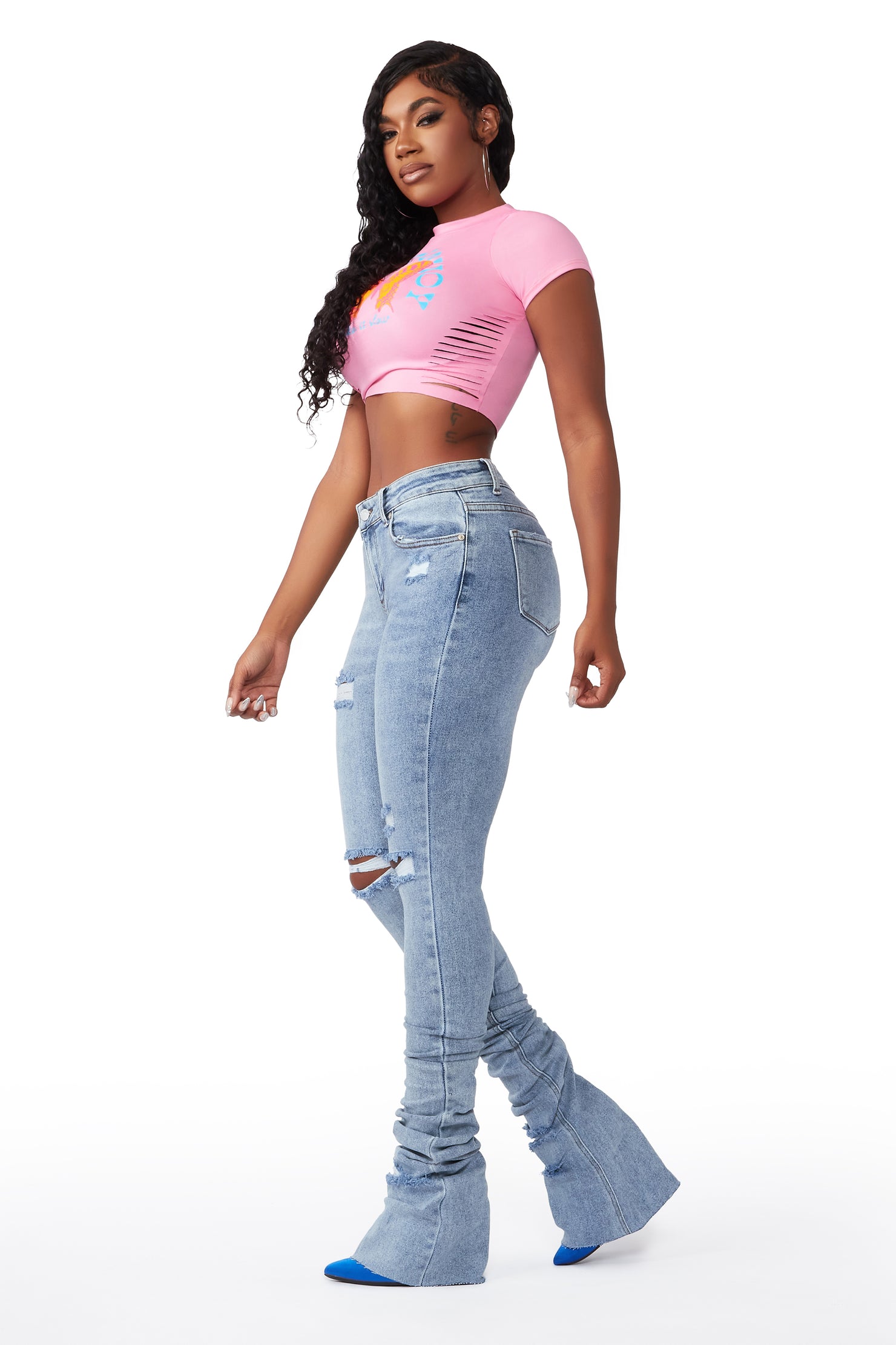 Playing Games Light Wash Distressed Super Stacked Jean