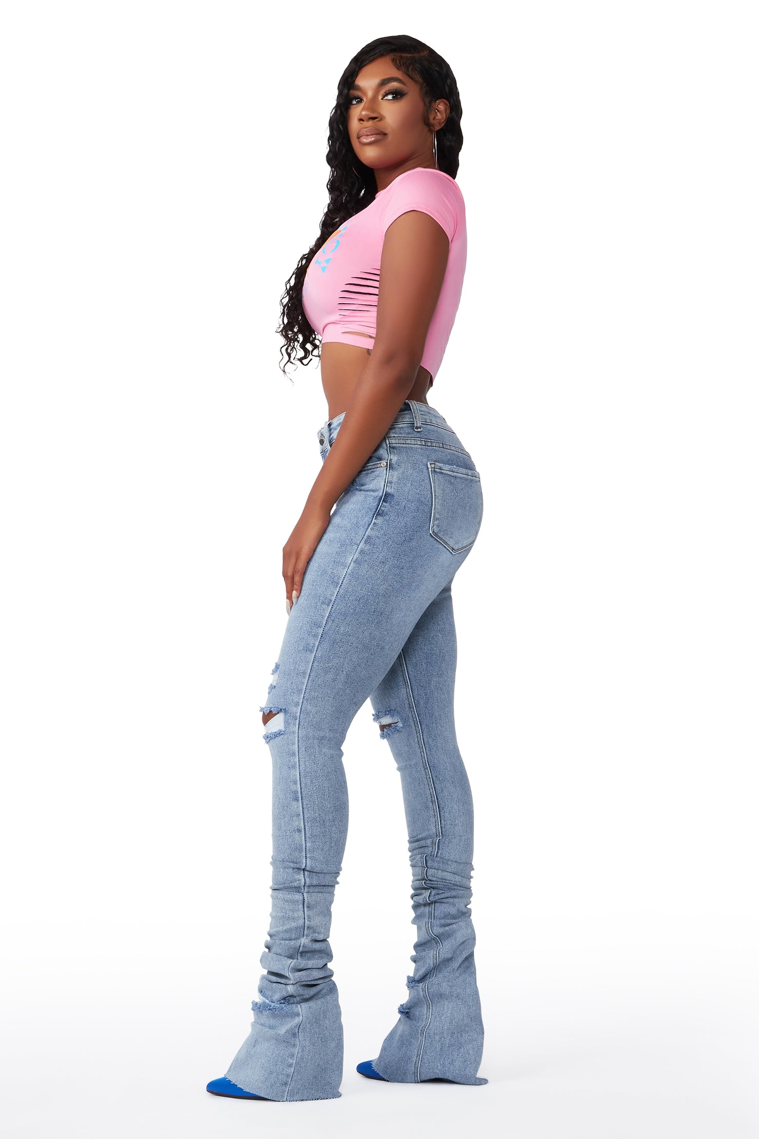 Playing Games Light Wash Distressed Super Stacked Jean