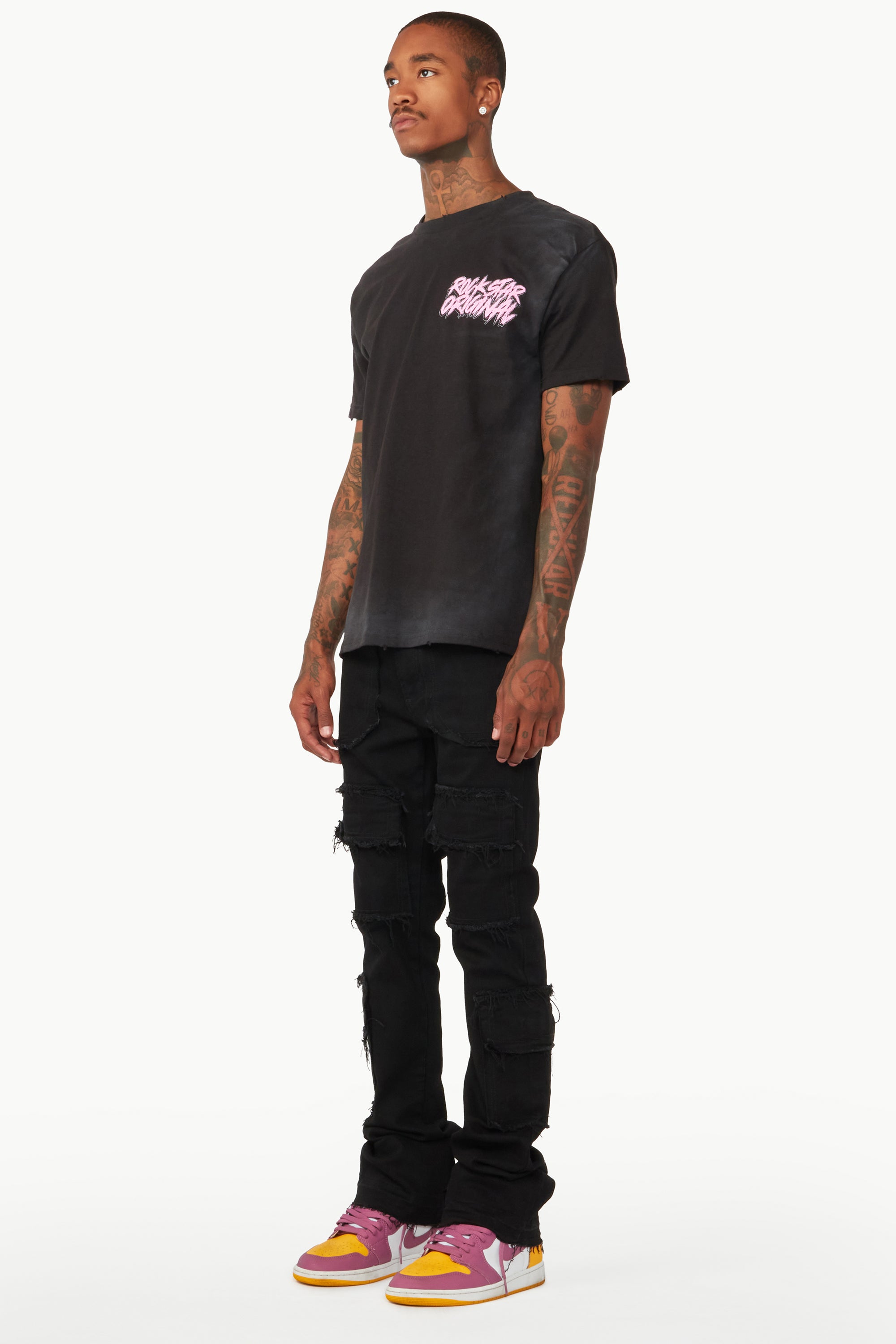 Tyrell Black Stacked Flare Cargo Jean