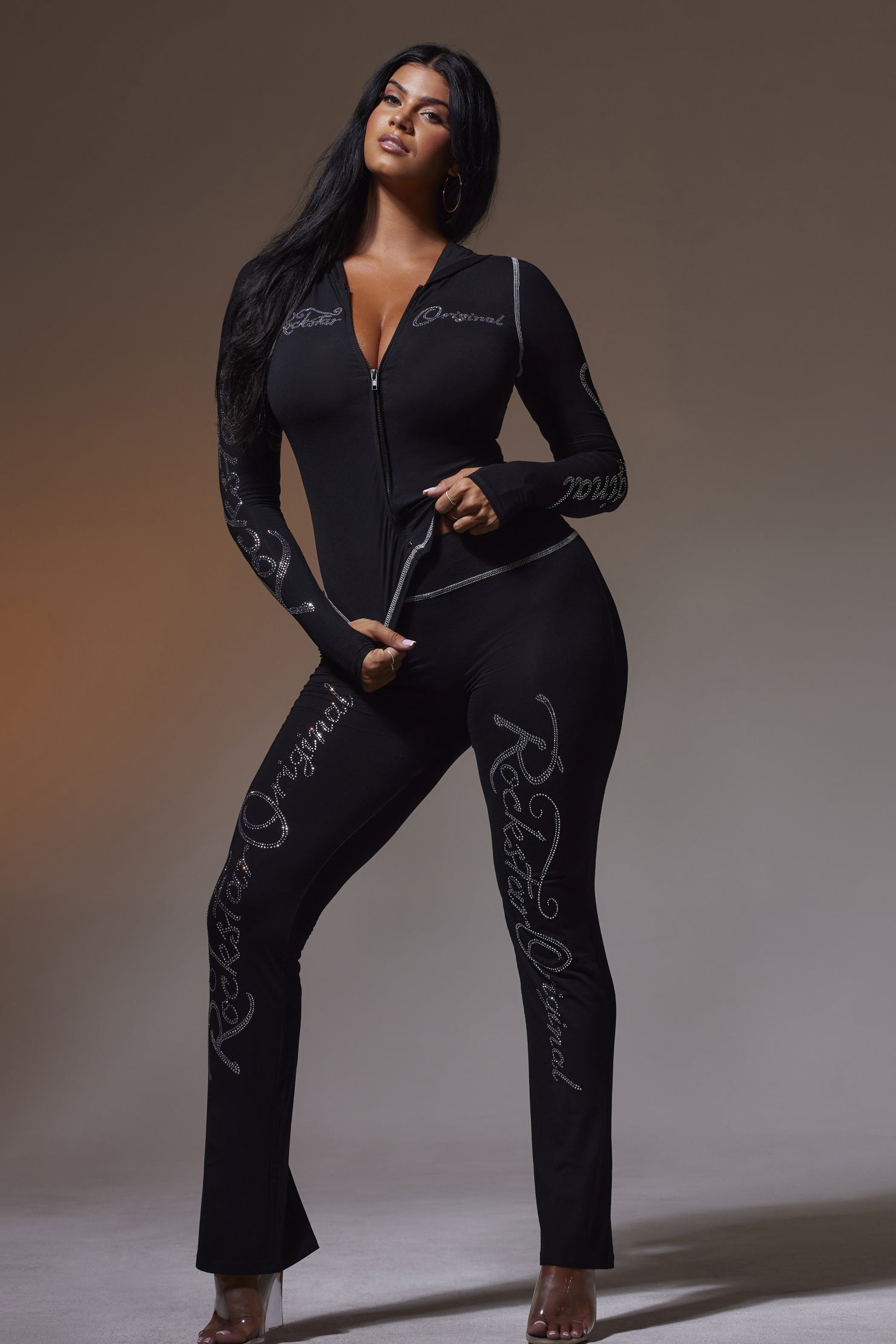 Talanie Black Rhinestone Lounge Track Set