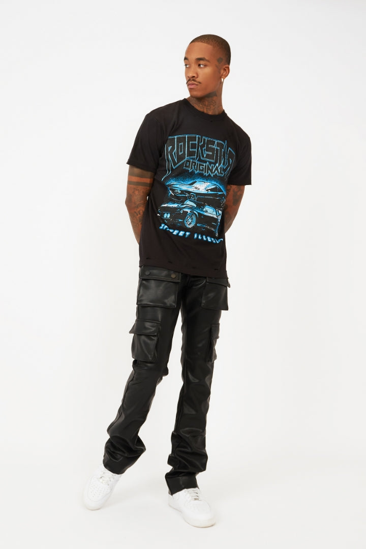 Petrus Black Faux Leather Super Stacked Flare Jean