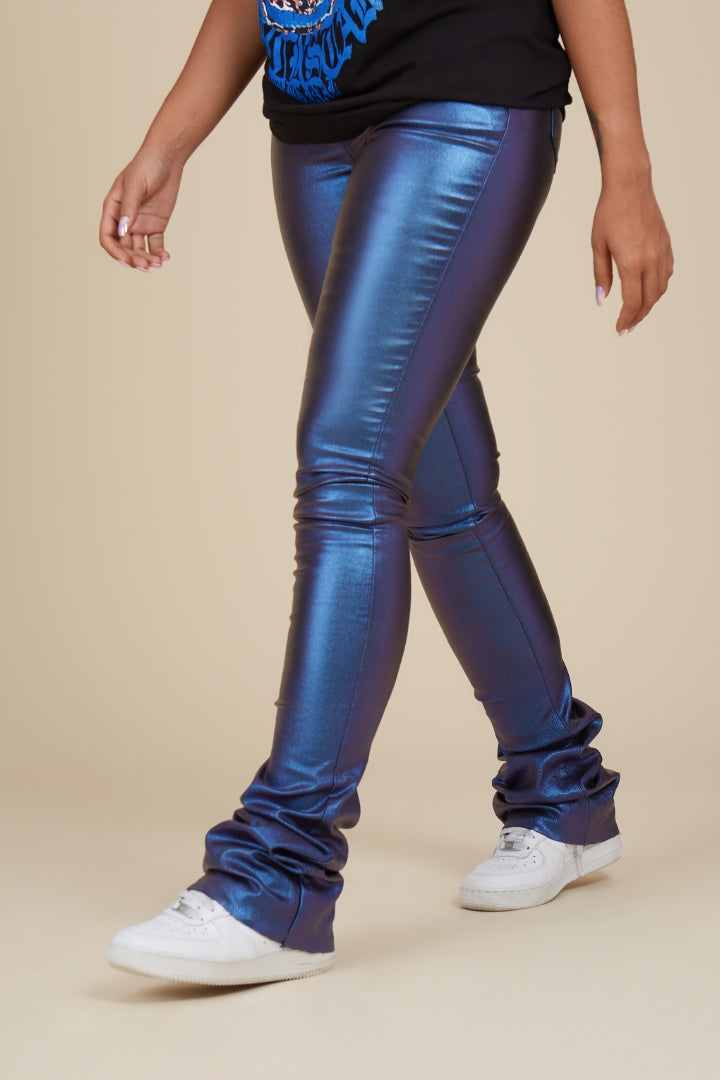 The Drama Metallic Blue PU Super Stacked Pant