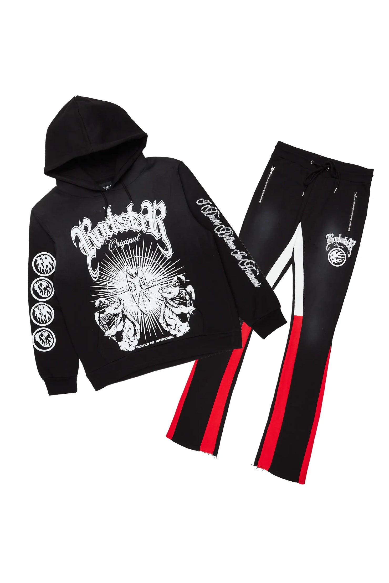Yarden Black/Red Graphic Hoodie/Stacked Flare Pant Track Set
