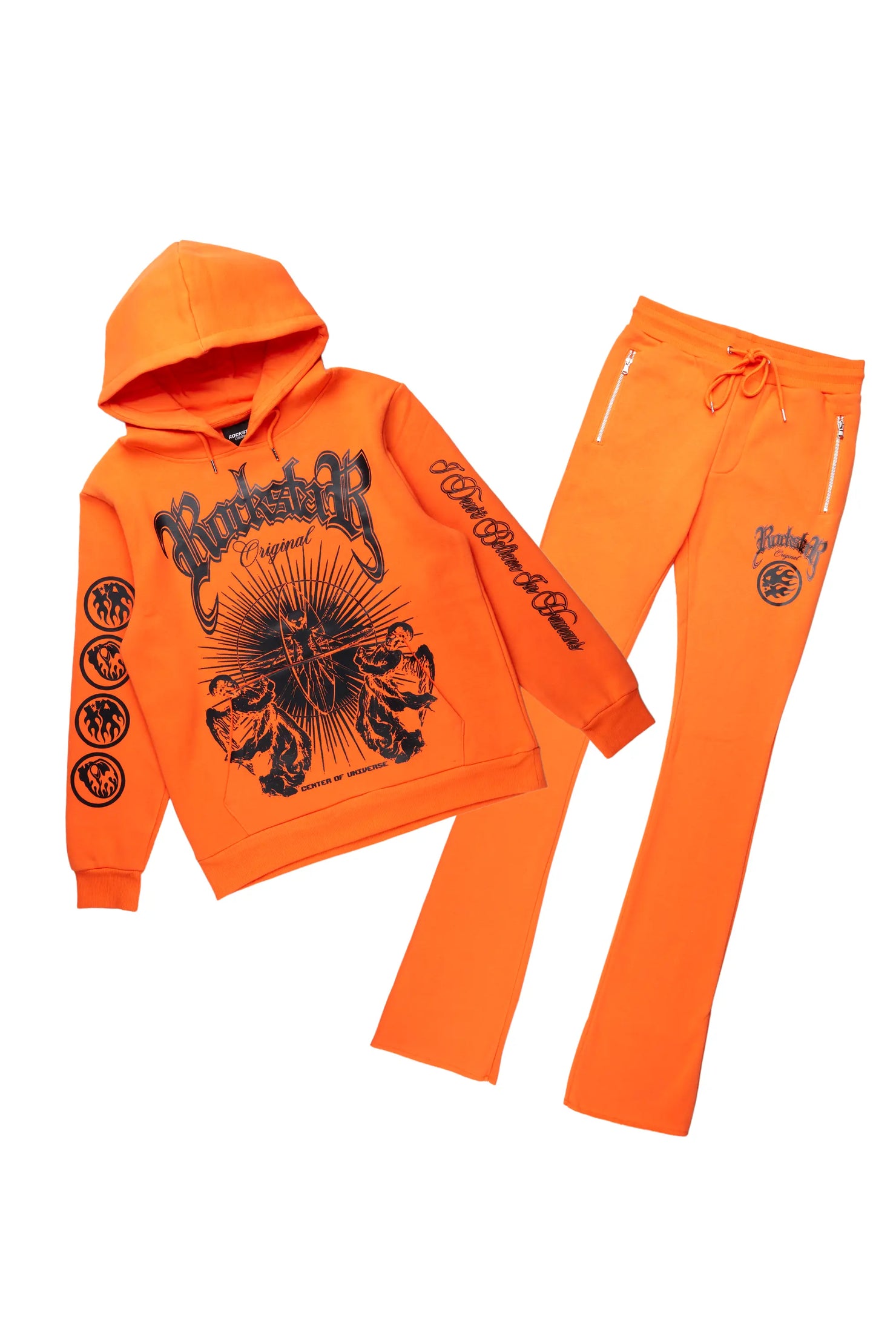 Yarden Orange Graphic Hoodie/Stacked Flare Pant Track Set