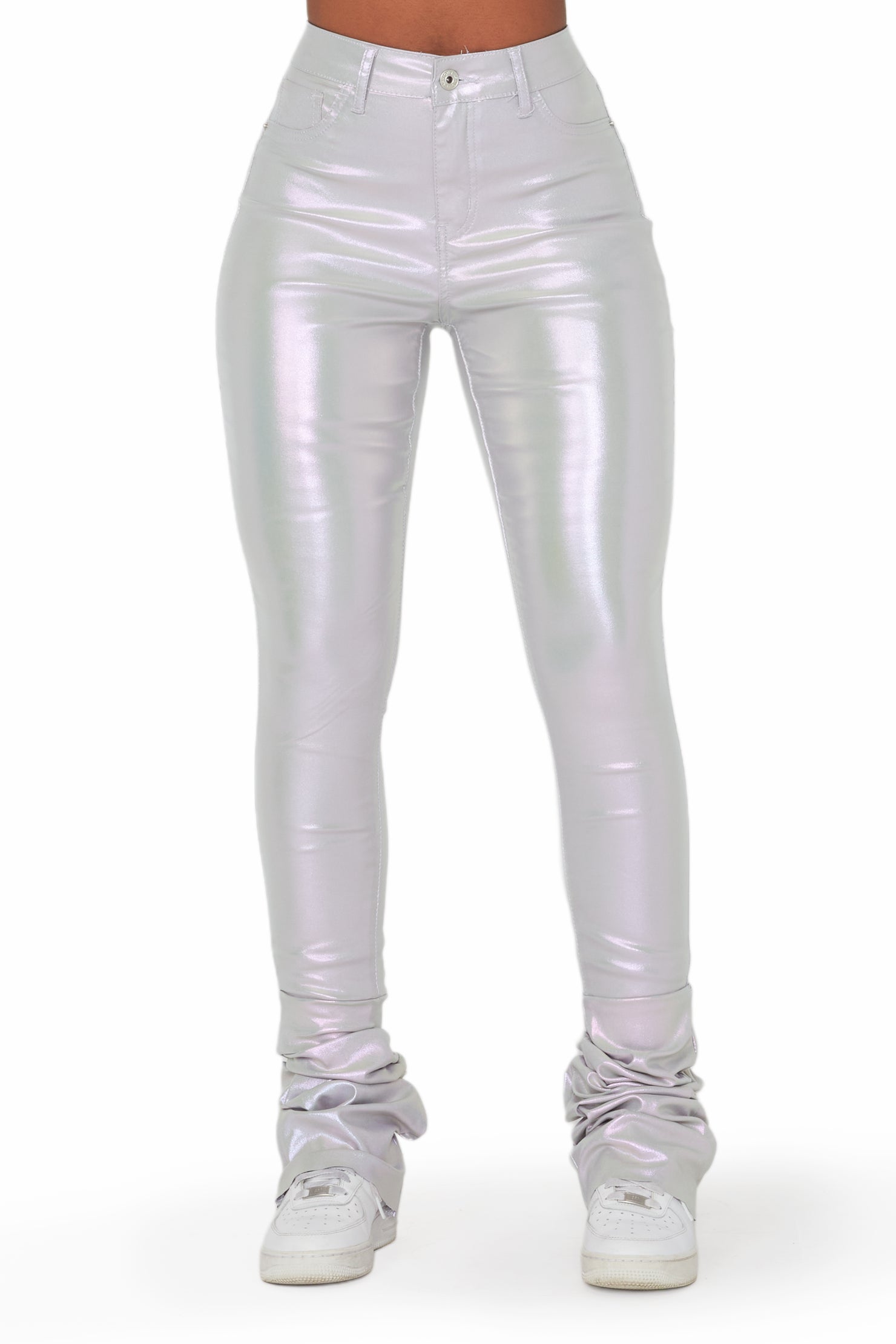 Zaniyah Metallic Silver PU Super Stacked Pant