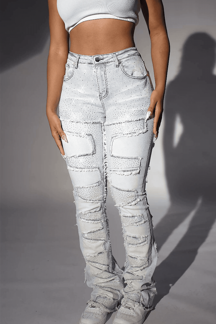 Zariyah Rhinestone Light Wash Stacked Flare Jean